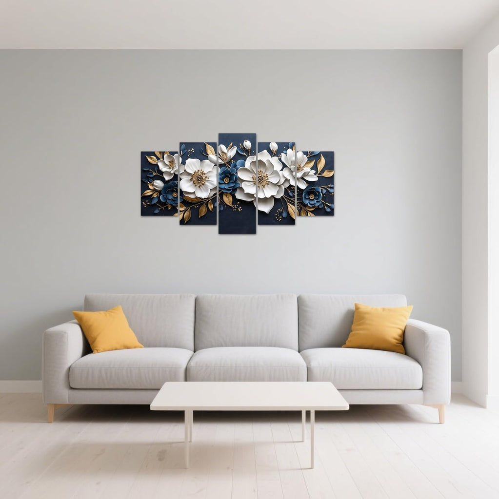 Luxury White and Gold Floral 3D Wall Art 5 Pieces Flower Picture Canvas Prints Abstract Elegant White Floral Painting - Set of 5