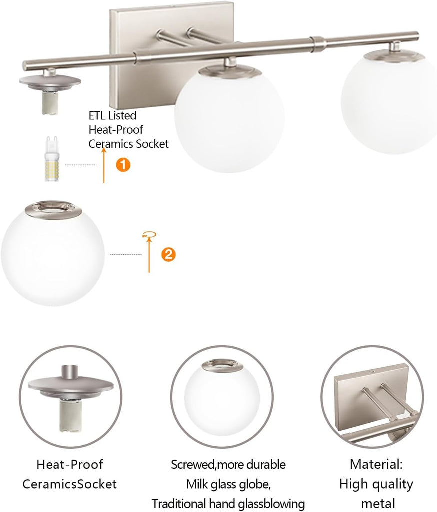 Bathroom Vanity Light Brushed Nickel 3T Wall Sconce for Mirror | Modern fixture Glass Shade brightness, Elivers even
