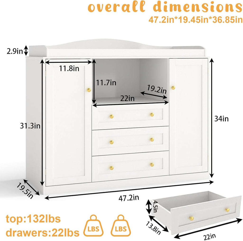White Changing Table Baby Dresser with Changing Table Top,47'' Wide Kids Nursery Dresser with