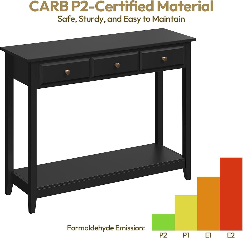 Console Table with 3 Drawers, Wood Entryway Table with Storage Shelf, Sofa Tables Narrow Long , Foyer, Black
