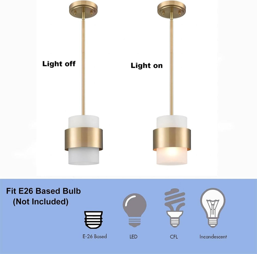 Modern Gold Mini Pendant Light with Frosted Cylinder Shade | E26 Adjustable Hanging Rod, Dimmable Compatible Indoor