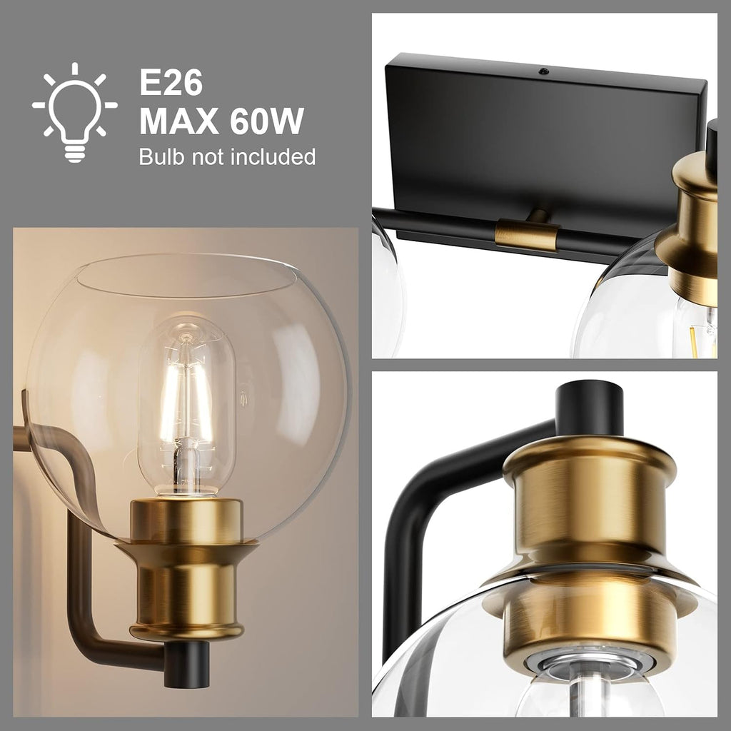 2 Lights Vintage Bathroom Vanity Light Fixtures Over Mirror Black & Gold Industrial Vanity Lights with Globe Clear
