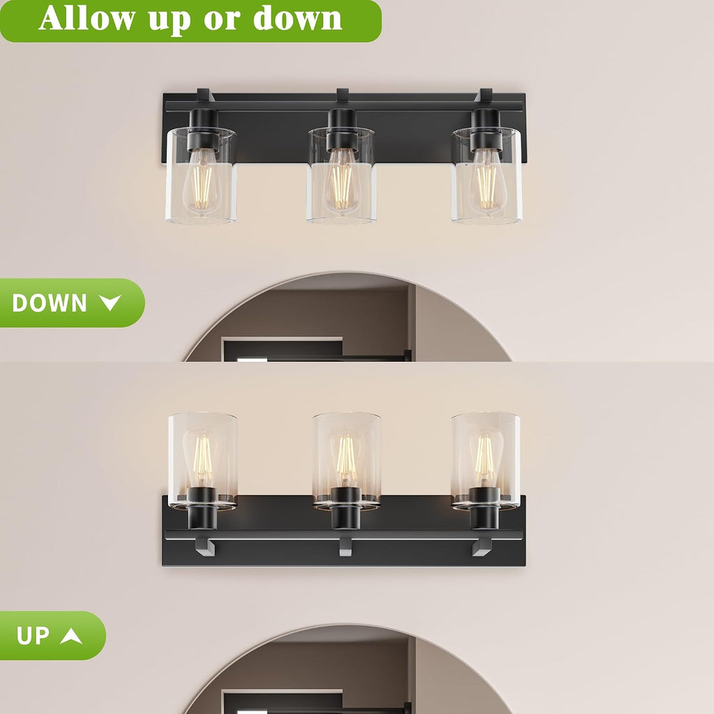 Bathroom Vanity Light,3 Light Matte Black Vanity Light with Thickened Clear Glass Shade, 21 inch Dimmable Modern Wall