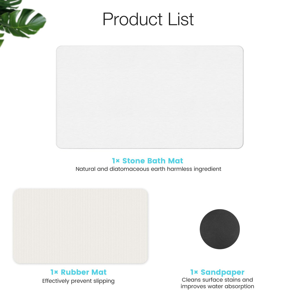 Large Fast Drying Diatomite Stone Bath Mat, 30" x 17" White