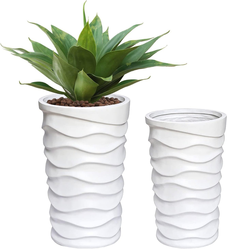 Tall Planters for Outdoor Plants, Set of 2 Garden White | With Drainage Hole and Rubber Plug, Modern White