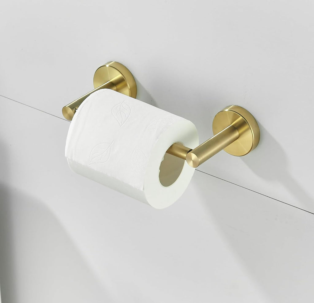 Gold Bathroom Hardware Set, Brushed Gold Toilet Paper Holder Towel Ring 2 Robe Hooks Wall Mount Hand Towel Holder