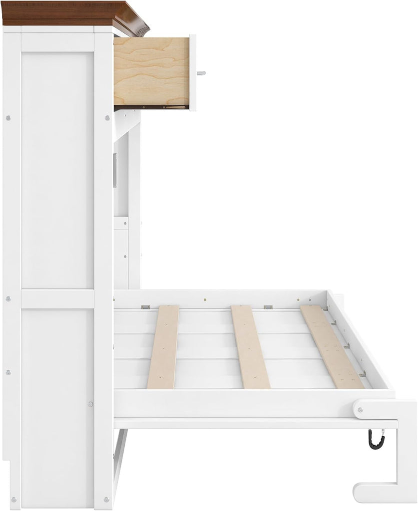 Twin Horizontal Murphy Bed with Drawers,Wood Space-Saving Folding Hideaway Murphy Wall Bed with Storage Drawers, for Adults,White