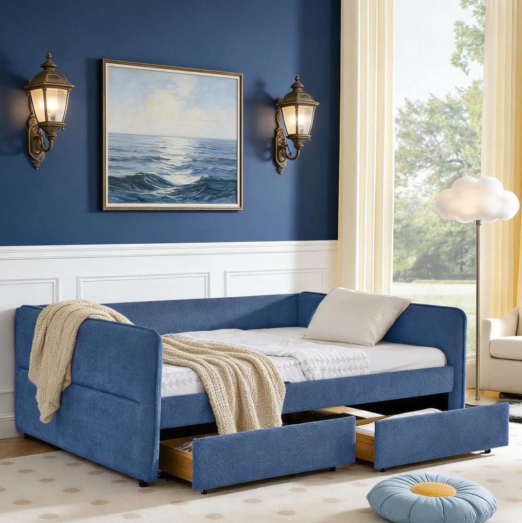 Queen daybed with 2 Drawers, Queen Corner Bed, Upholstered Bed Frame with 2 Drawers for Kids,Teens,Adults, Boucle, Blue