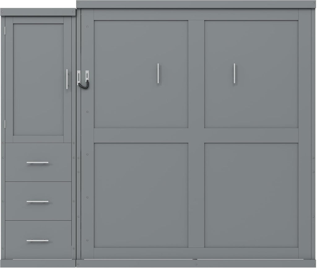 Queen Murphy Bed with Storage Wardrobe and Drawers,Solid Wood Farmhouse Murphy Wall Bed Cabinet with Drawers for Bedroom Office Guest Room,Foldable (Gray,Queen)