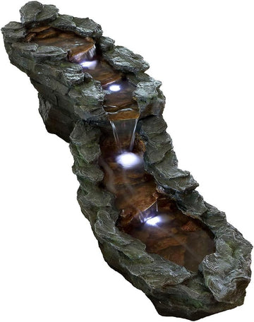 76"L Outdoor Tiered Rocky River Stream Water Fountain - Color-Changing LED Lights Décor - Brown Finish