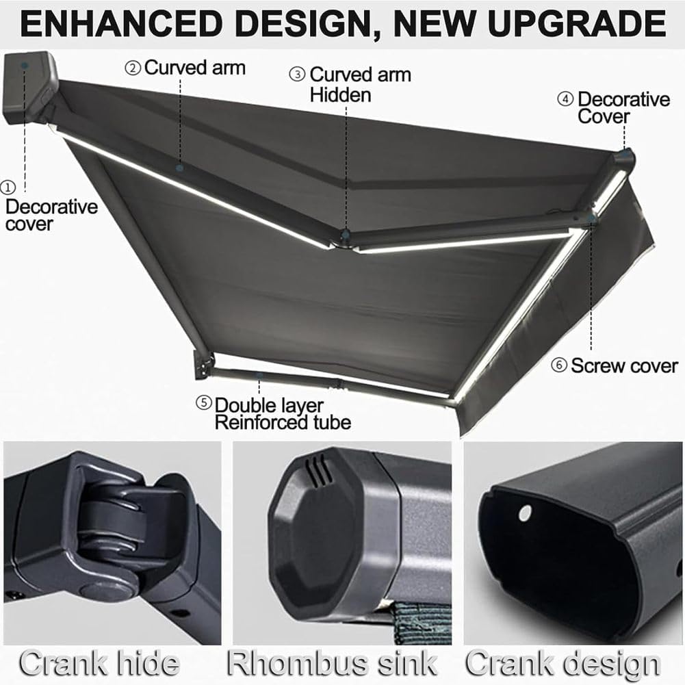 Electric Retractable Awning, Automatic Retractable Awning & LED Light, Motorized Outdoor Shade Waterproof Fabric for