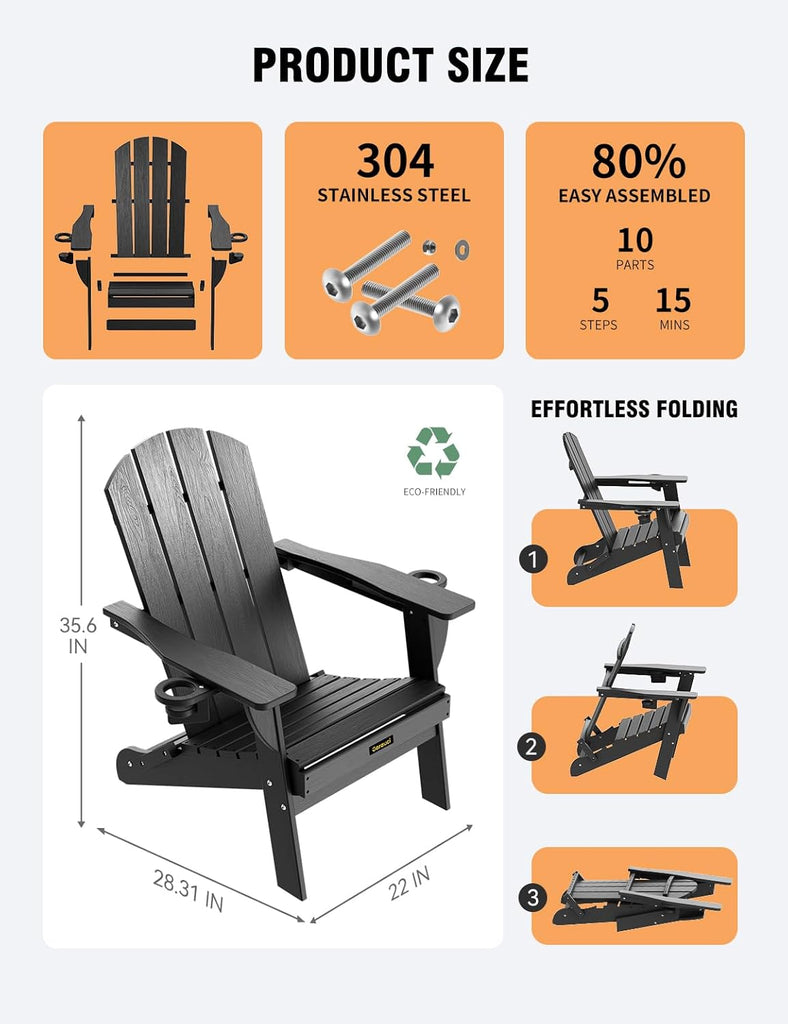 Folding Adirondack Chair, Wooden Textured Plastic Adirondack Chairs with 2 Cup Holder, Weather Resistant HDPE Fire