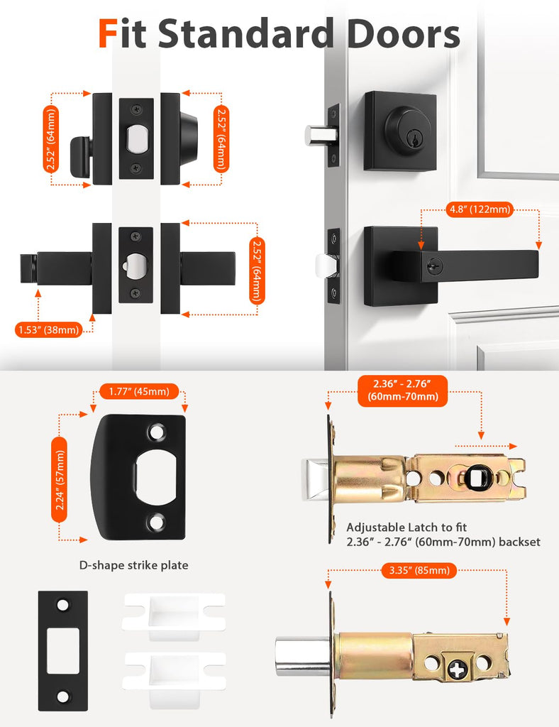 Square Keyed Alike Front/Exterior Door Levers with Single Cylinder Deadbolt, Flat Black Entry Door Knob Lock Sets