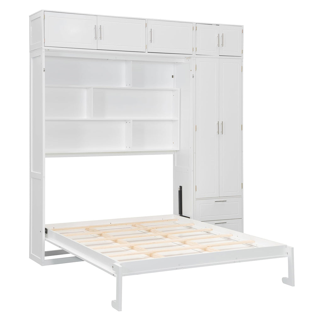 Queen Size Murphy Bed with Wardrobe, Space Saving Hidden Wall Bed Frame with Drawer & Storage Shelves, Foldable