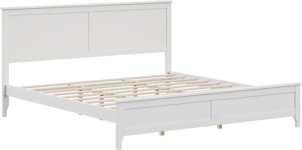 Modern Farmhouse Platform King Bed Frame, Solid Wood Platform Bed Frame with Headboard, Sturdy Wooden Foundation with Wood Slats for Living Room, Rustic Pine - White