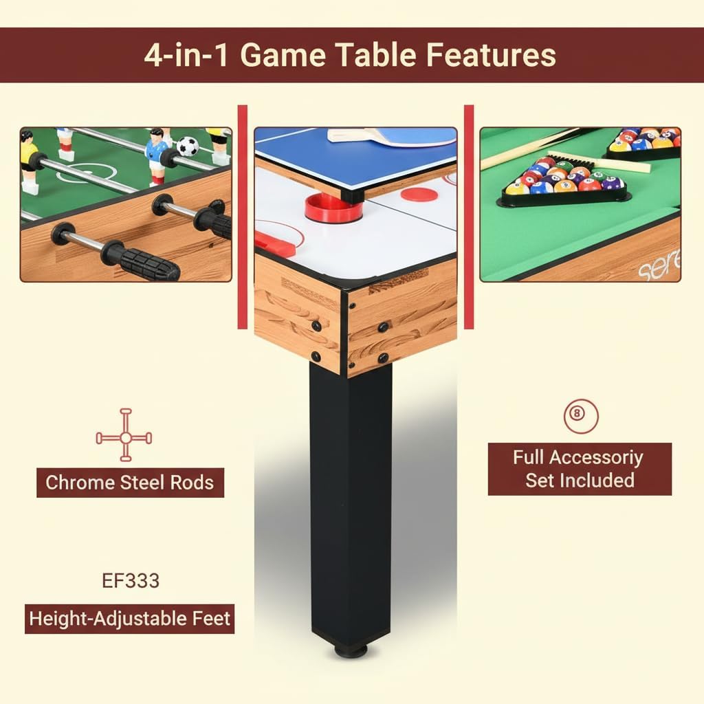 Multi Game Table, 48” Sports Arcade Games with Accessories, Ping Pong, Hockey, Pool Billiards, Soccer Foosball All in One, for Indoor and Outdoor, Family, Kids and Adults