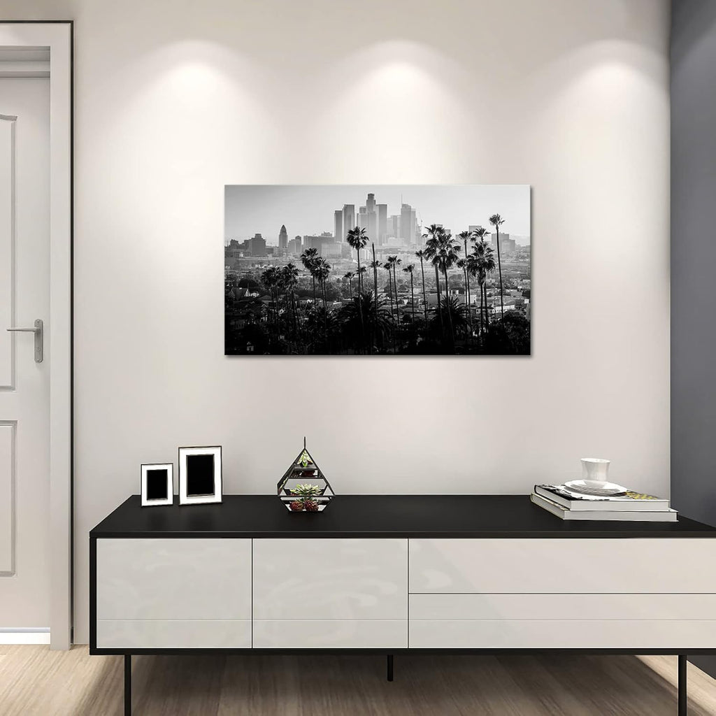City Canvas Wall Art Los Angeles Downtown Picture Print Black and White LA Cityscape Painting for Wall Decor Framed