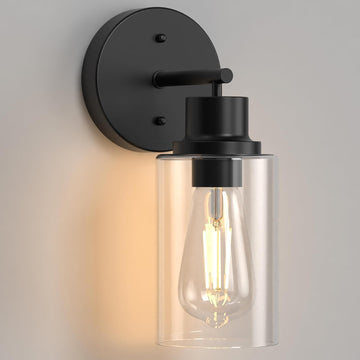 1-Light Black Bathroom Wall Sconce with Clear Glass Shade, Modern Vanity Light Fixture Over Mirror