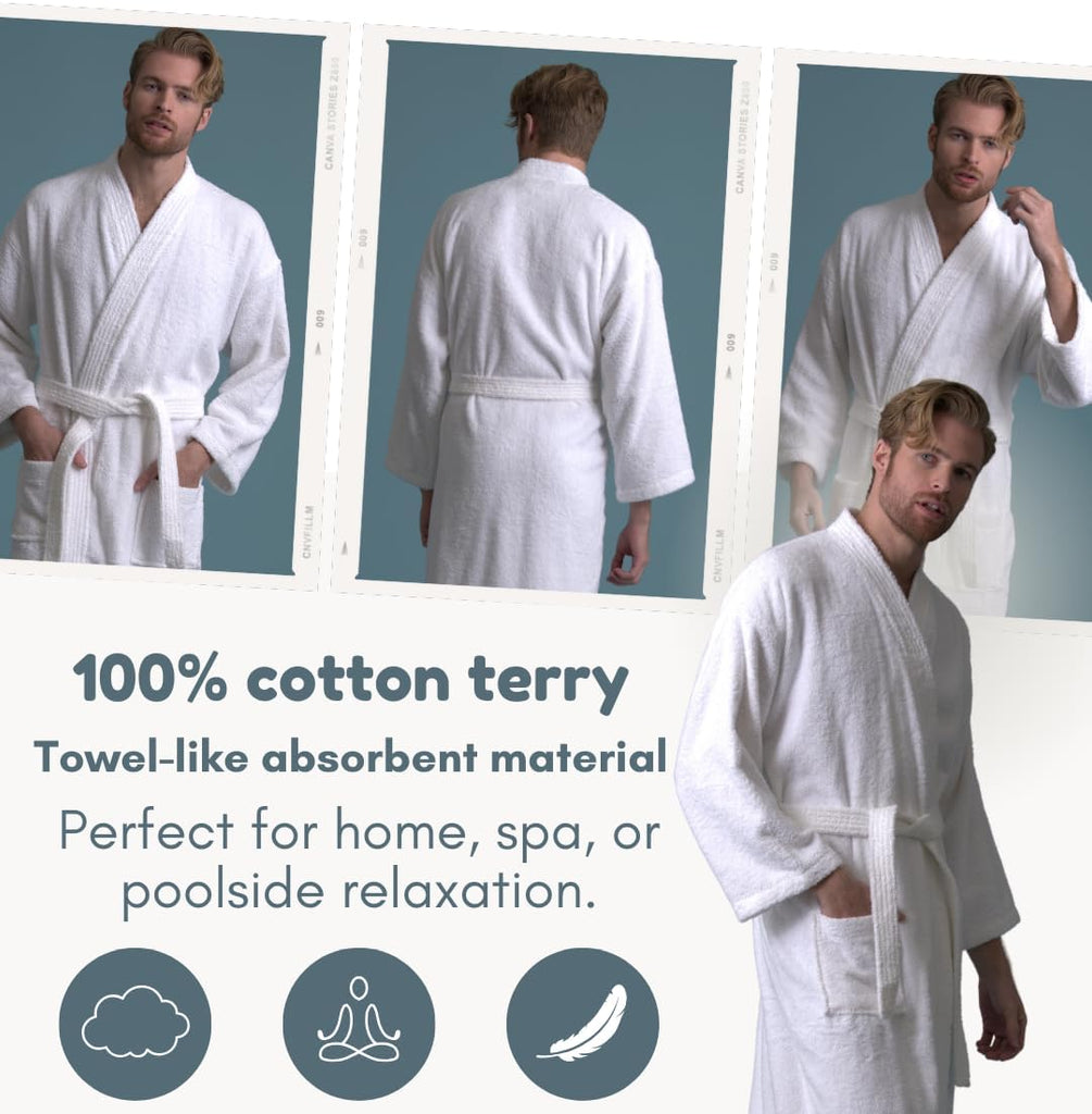 Men's Turkish Terry Kimono Style Bathrobe - 100% Cotton Robe for Men - Comfortable & Absorbent - Soft & Cozy Wear