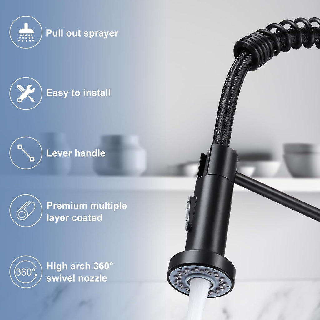 Kitchen Faucets with Pull Down Sprayer Single Handle 1 or 3 Holes Spring Kitchen Sink Faucet with Deck Plate for Farmhouse RV Vessel Basin (Matte Black)