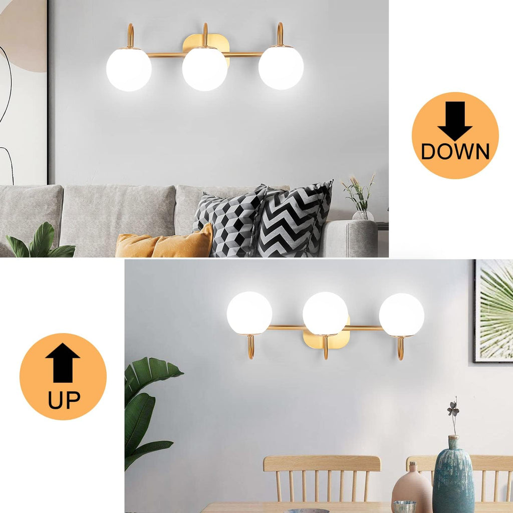 Modern Bathroom Vanity Light Fixtures 3 Lights Brushed Brass Frame and Milk White Glass Globe Shade Modern Wall