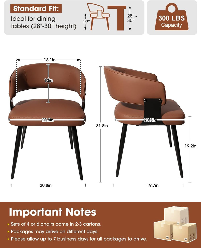 Dining Chairs Set of 2, Modern Upholstered PU Leather Kitchen & Dining Room Chairs with Curved Open Back Metal Legs