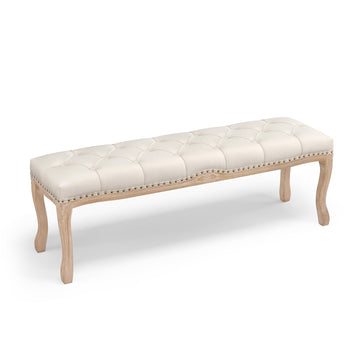 Bedroom Bench, French Vintage Entryway Bench 52.5" Carving Upholstered End of Bed Bench with Distressed Wood Legs