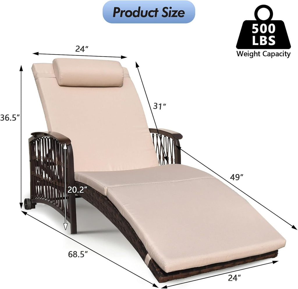 Outdoor Chaise Lounge Set of 2 Outdoor Wicker Rattan Patio Chairs Recliners with 5-Position Backrest & Thickened