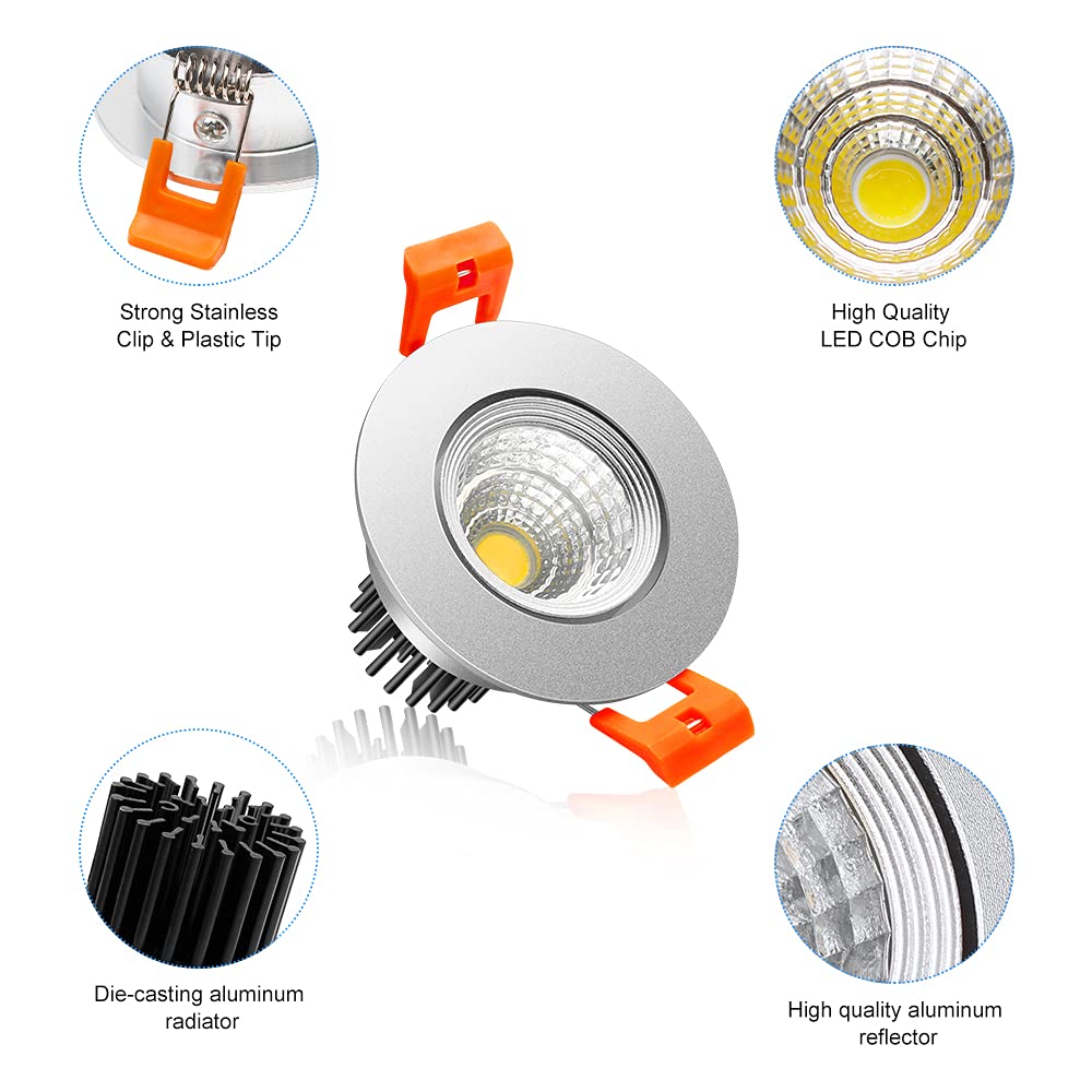 2Inch LED Recessed Ceiling Light, 3W Dimmable LED Downlight, Daylight White 5000K-5500K, 60 Beam Angle COB Recessed