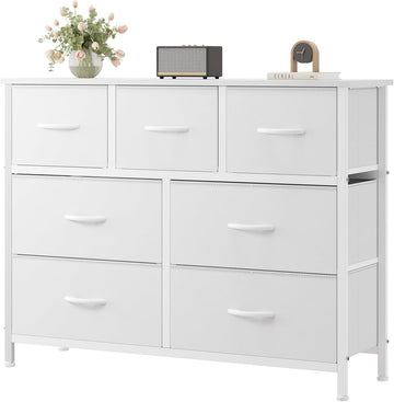 7 Drawer Closet Organizer, Storage Tower with Sturdy Steel Frame | White Dresser , Wooden Top & Easy Pull Fabric