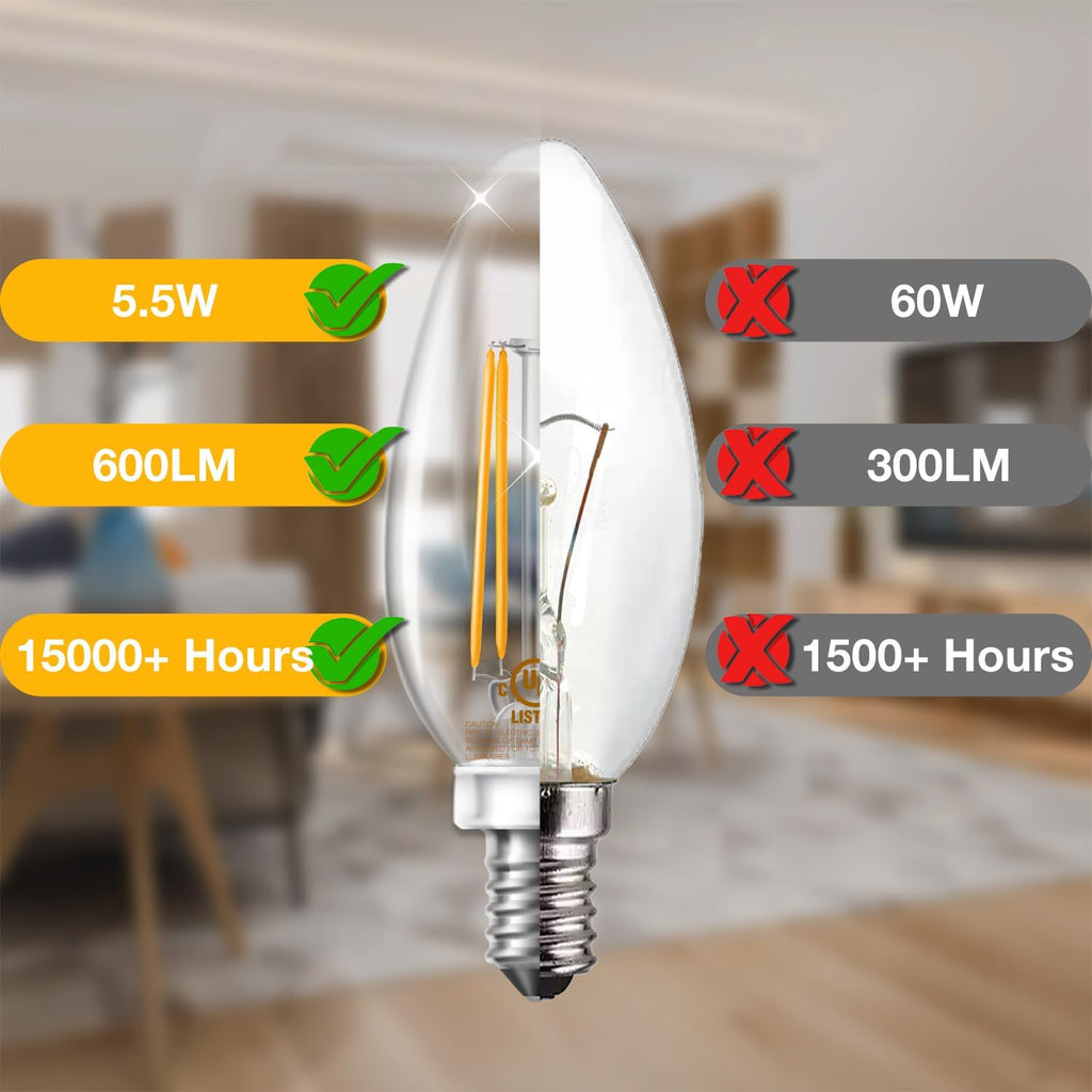 Dimmable E12 Candelabra LED Light Bulbs, Chandelier Light Bulb 60 Watt Equivalent, 5.5W 600 LM 2700K Warm White, B11