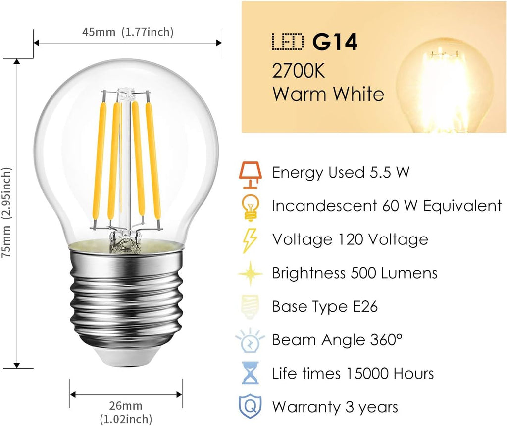 G14 LED Filament Globe Bulb 5.5W(60W Equivalent), Dimmable 2700K Warm White E26 Screw Base, Decorative Edison Light (6-Pack)