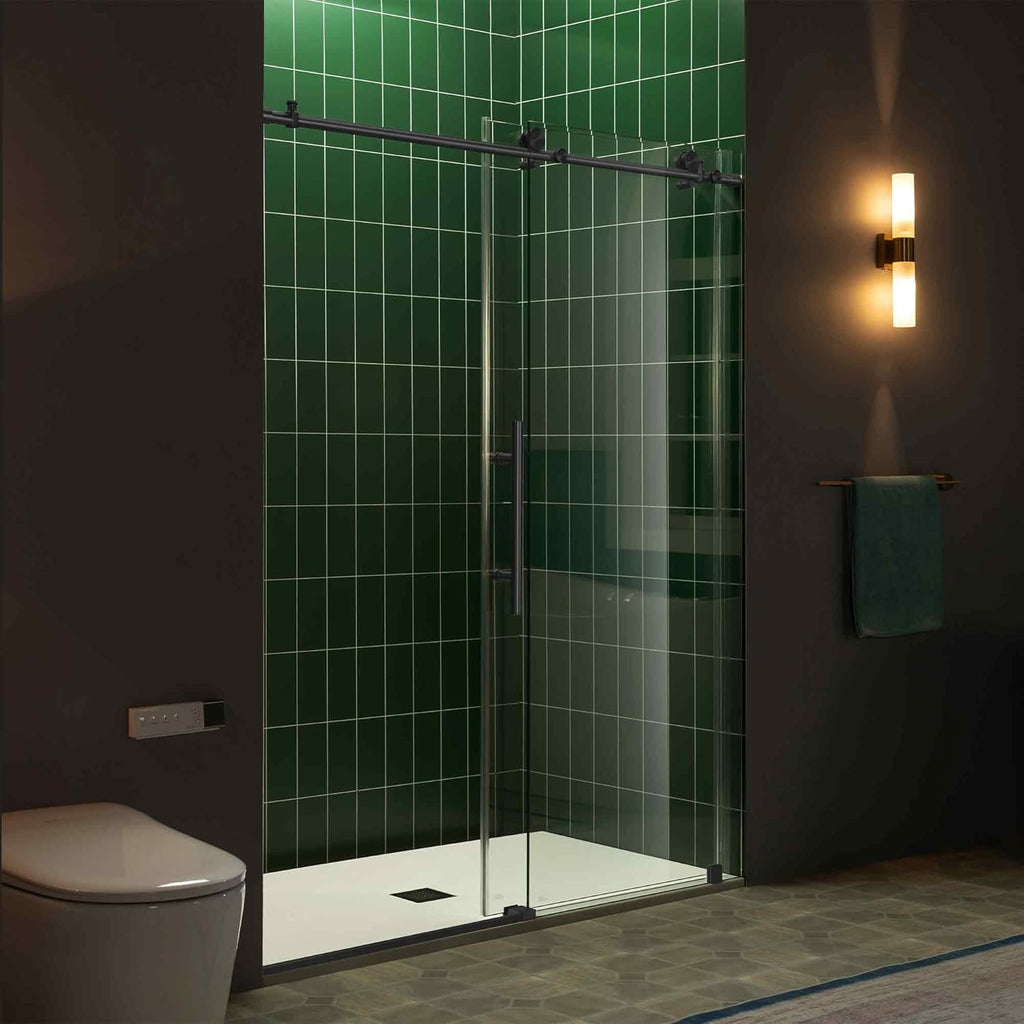 56-60" W x 80" H Frameless Single Sliding Shower Door with Tempered Glass & Explosion Proof Film in Matte Black Finish