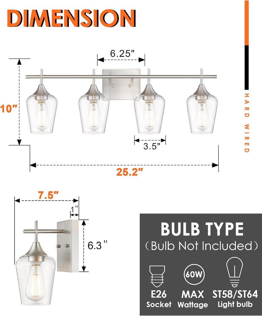 4-Light Bathroom Lighting Fixtures Over Mirror, 24 Inch Brushed Nickel Vanity Lights with Clear Glass, Modern Bath