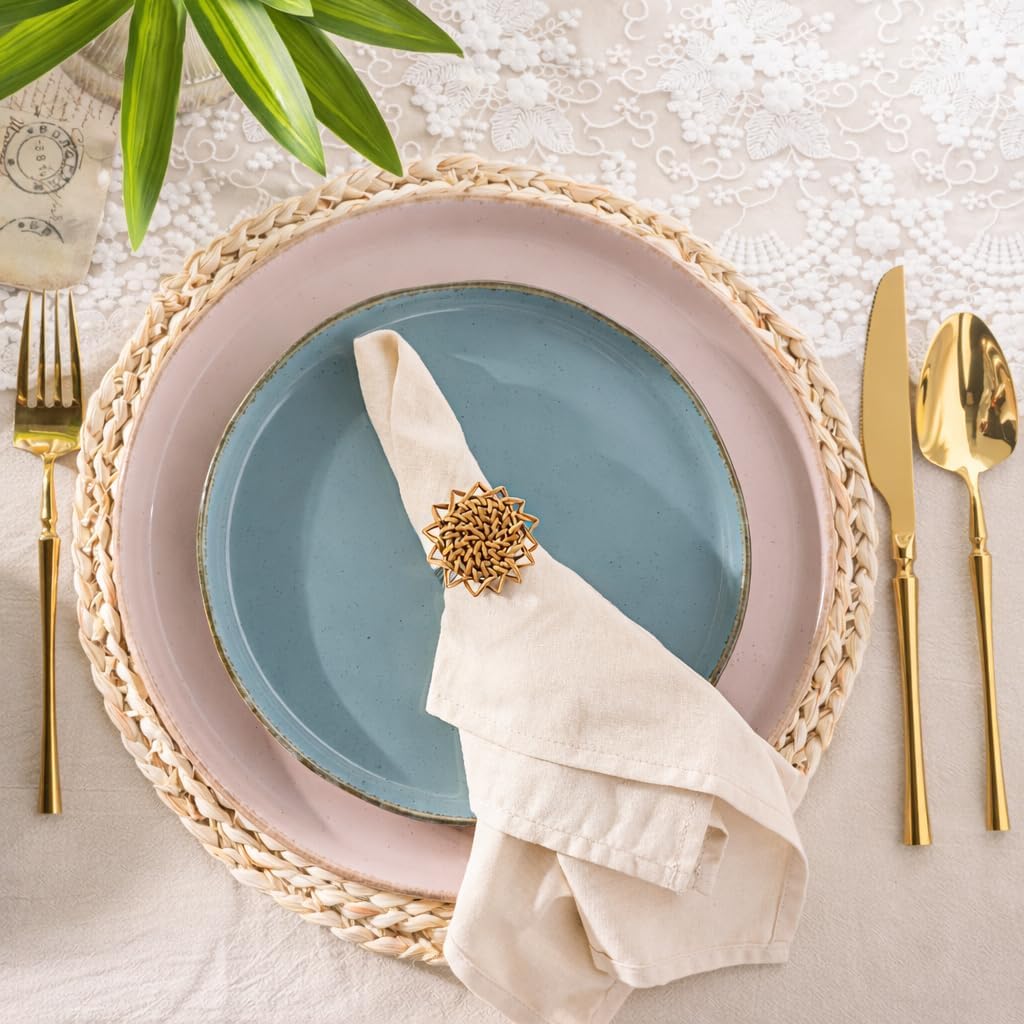 Ceramic Dinnerware Sets for 4, 12 Pieces Handpainted Plates and Bowls Set with Rustic Terracotta Underside