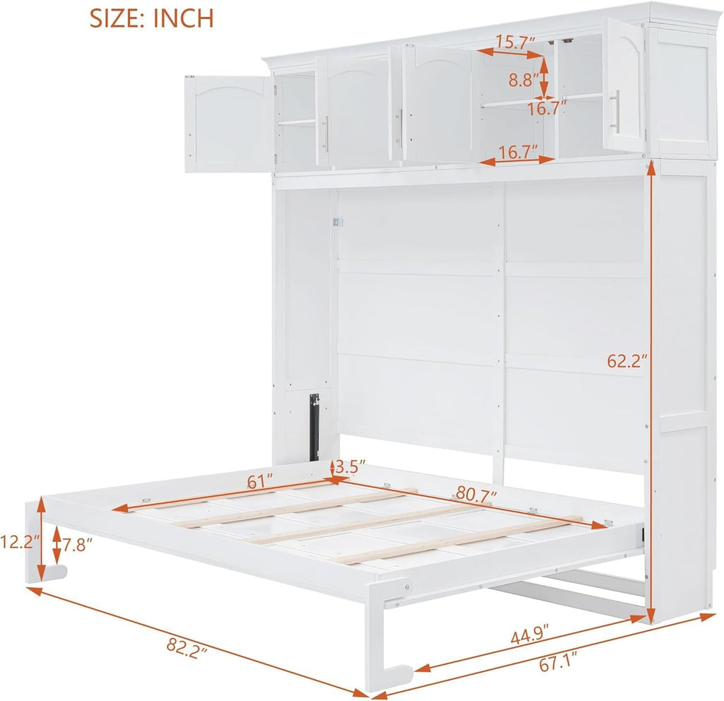 Queen Horizontal Murphy Bed with Storage Cabinet,Wood Folding White Murphy Wall Bed for Adult