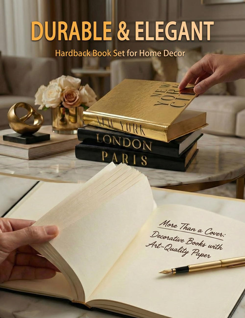 Decorative Books Decor & Coffee Table Book Decor - Set of 3 Real Hardcover Decorative Books (Paris, London, New York)