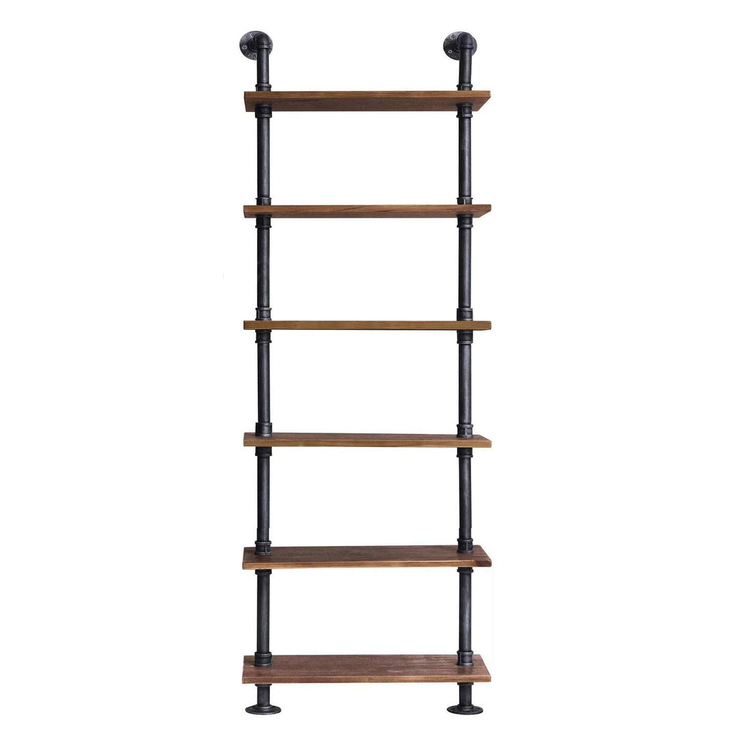 Industrial Pipe Shelves Rustic Modern 24"W Wood Ladder Bookcase with Metal Frame, Pipe Wall Shelf, Wood Storage, Home