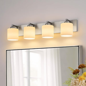 4-Light Brushed Nickel Bathroom Vanity Light with White Glass Shades | makeup vanity illumination grooming station