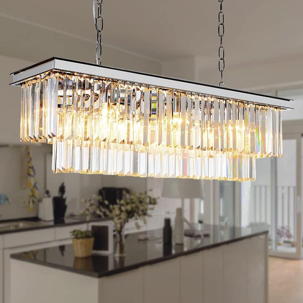 Chrome Rectangle Modern Crystal Chandeliers Lighting Rectangular Pendant Ceiling Lights Fixture Lamp for Dining Living Room L39.4 A107-B07QGYP1F3