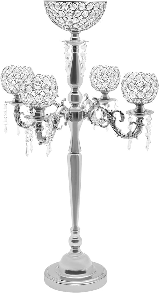 Elegant 35inch 5-Arm Crystal Candelabra with Flower Vase and Hanging Crystal Drops, Iron Taper Candle Holder Stand