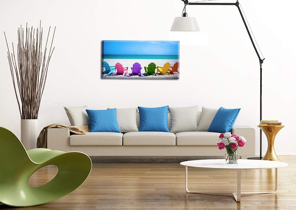 Beach Canvas Wall Art , PIY Blue Sea with Colorful Chairs Picture Prints Decor, Relax Leisure Time Home Decorations
