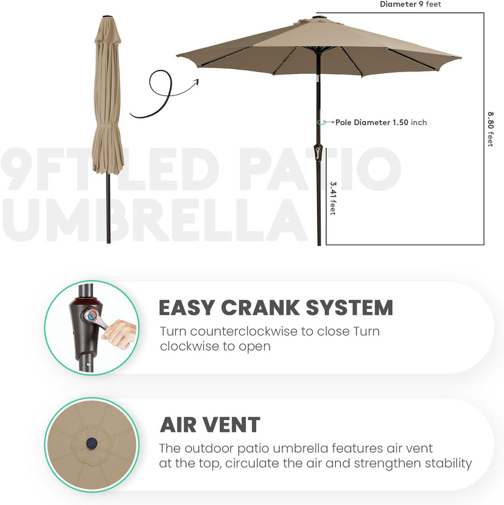 9FT Outdoor Patio Umbrella with Solar Lights, LED Lighted Pool Umbrella with Tilt and Crank - Beige