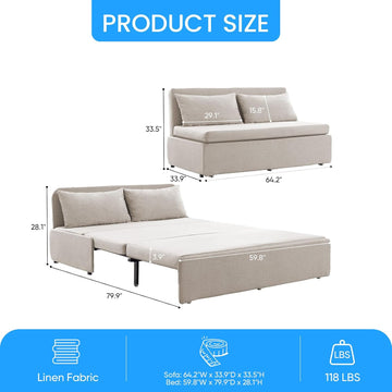 64" Queen Pull Out Sofa Bed, Linen Convertible Couch Bed with Tri-Fold Hidden Mattress, No-Tool Assembly, Space