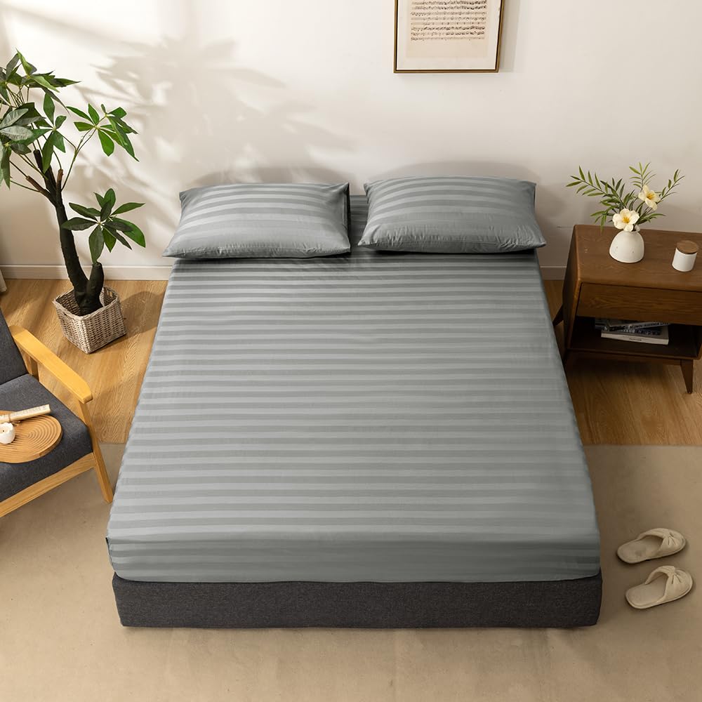 Full Cotton Stripe Fitted Sheet & Pillowcase Set, Gray, 3 Piece
