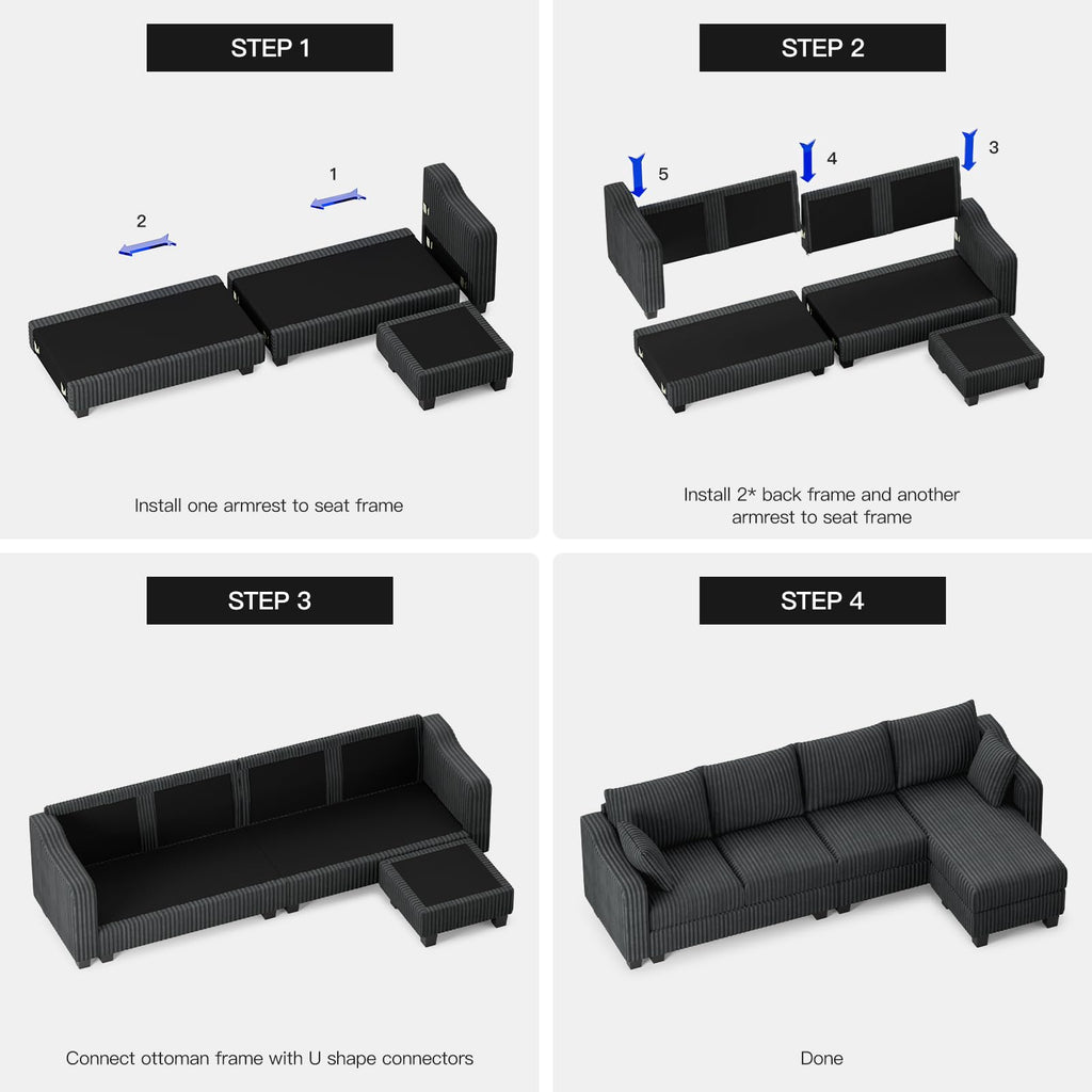 Sectional Couch with L-Shape Chaise L Shaped Couch with Ottoman Sectional Couches Corduroy (Dark Grey, L Shaped)