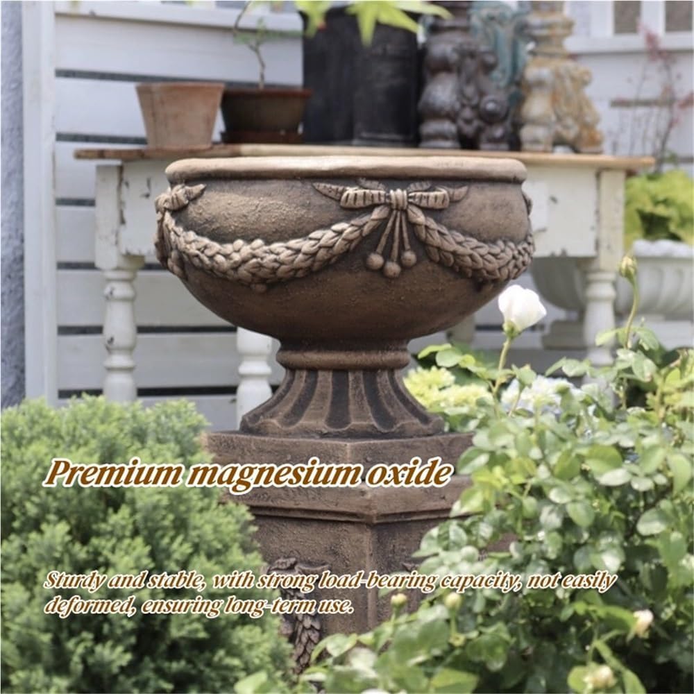 Vintage Magnesium Oxide Flower Pots, Large Urn Planter with Wide Pot | Freestanding Pedestal Planter, Fluted Planter
