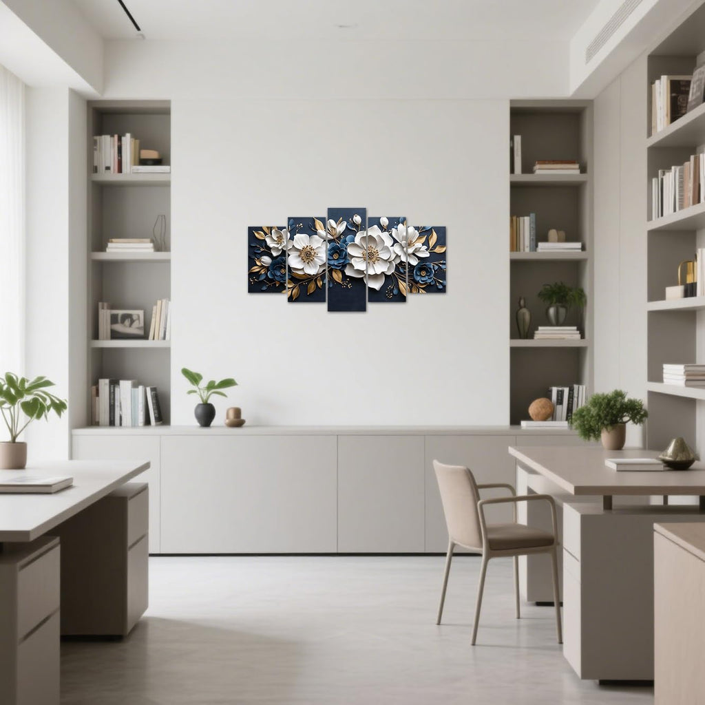 Luxury White and Gold Floral 3D Wall Art 5 Pieces Flower Picture Canvas Prints Abstract Elegant White Floral Painting - Set of 5