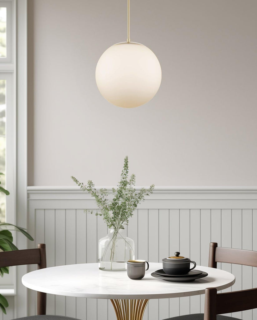 Ceres 14" Mid Century Modern Globe Pendant Light, Minimalist White Frosted Glass Orb Hanging Lamp, Cool Brass Finish