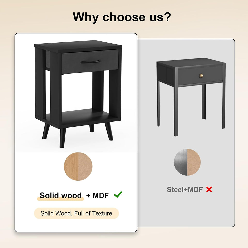 24" H Nightstands Set of 2 with Fabric Drawer, Black | Open Wood Shelf, Side Table with Storage , Spacious 15.7"L x